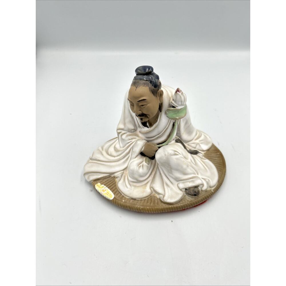 Vintage Shiwan Chinese Scholar Figurine Lotus Porcelain Statue Seated Figure